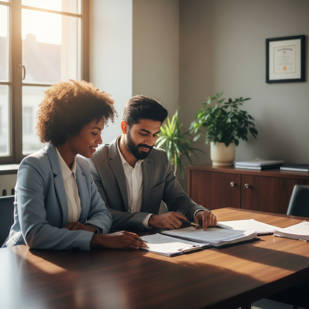 Young couple sitting across from a mortgage broker reviewing loan documents in a professional office setting